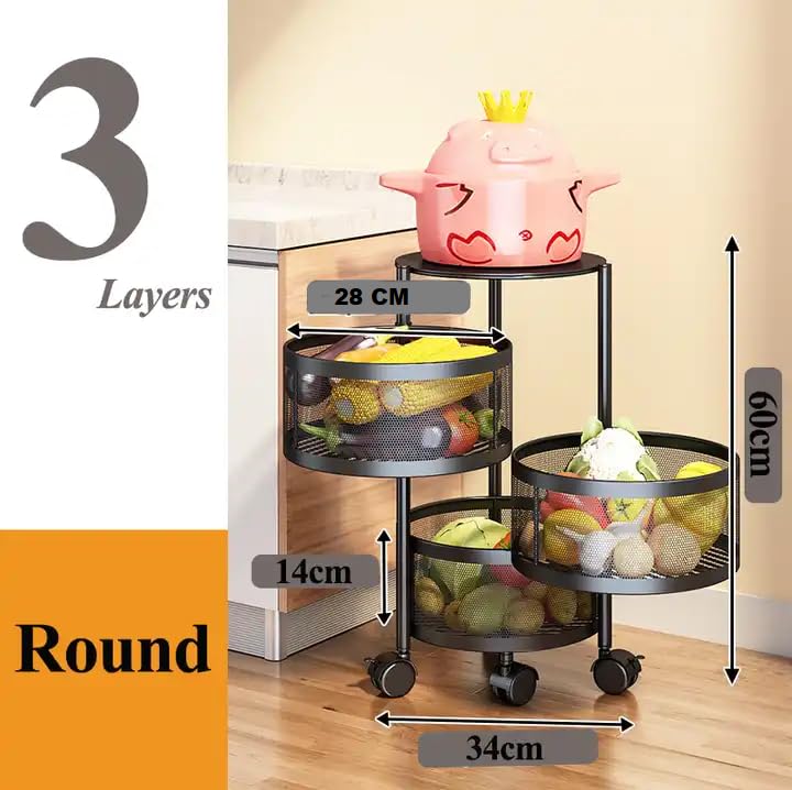 Round Multi-Purpose Rotatable Trolley Storage Organizer Kitchen Storage Rack (Matt Black, Round - 3 Layer)