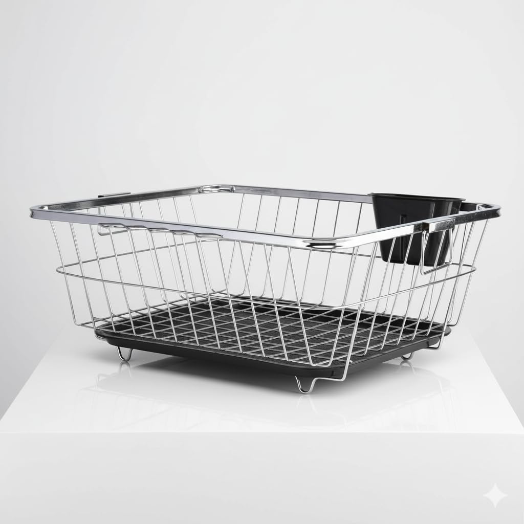 Dish Rack for Kitchen | Vessels Organizer Stands with Handle | Spoon Holder & Draining Tray | 17x22 Inch, 56x44x23 cm (silver)