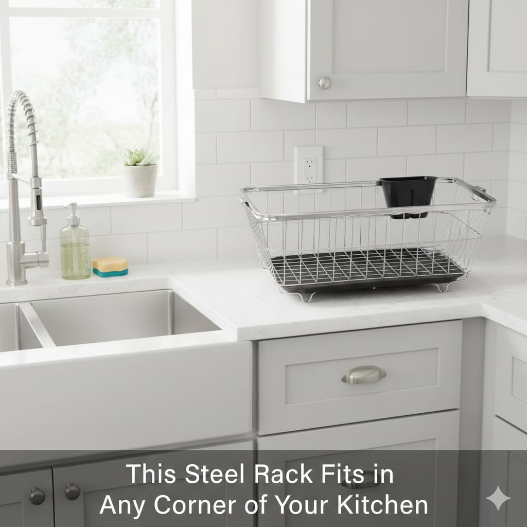 Dish Rack for Kitchen | Vessels Organizer Stands with Handle | Spoon Holder & Draining Tray | 17x22 Inch, 56x44x23 cm (silver)