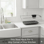 Dish Rack for Kitchen | Vessels Organizer Stands with Handle | Spoon Holder & Draining Tray | 17x22 Inch, 56x44x23 cm (silver)