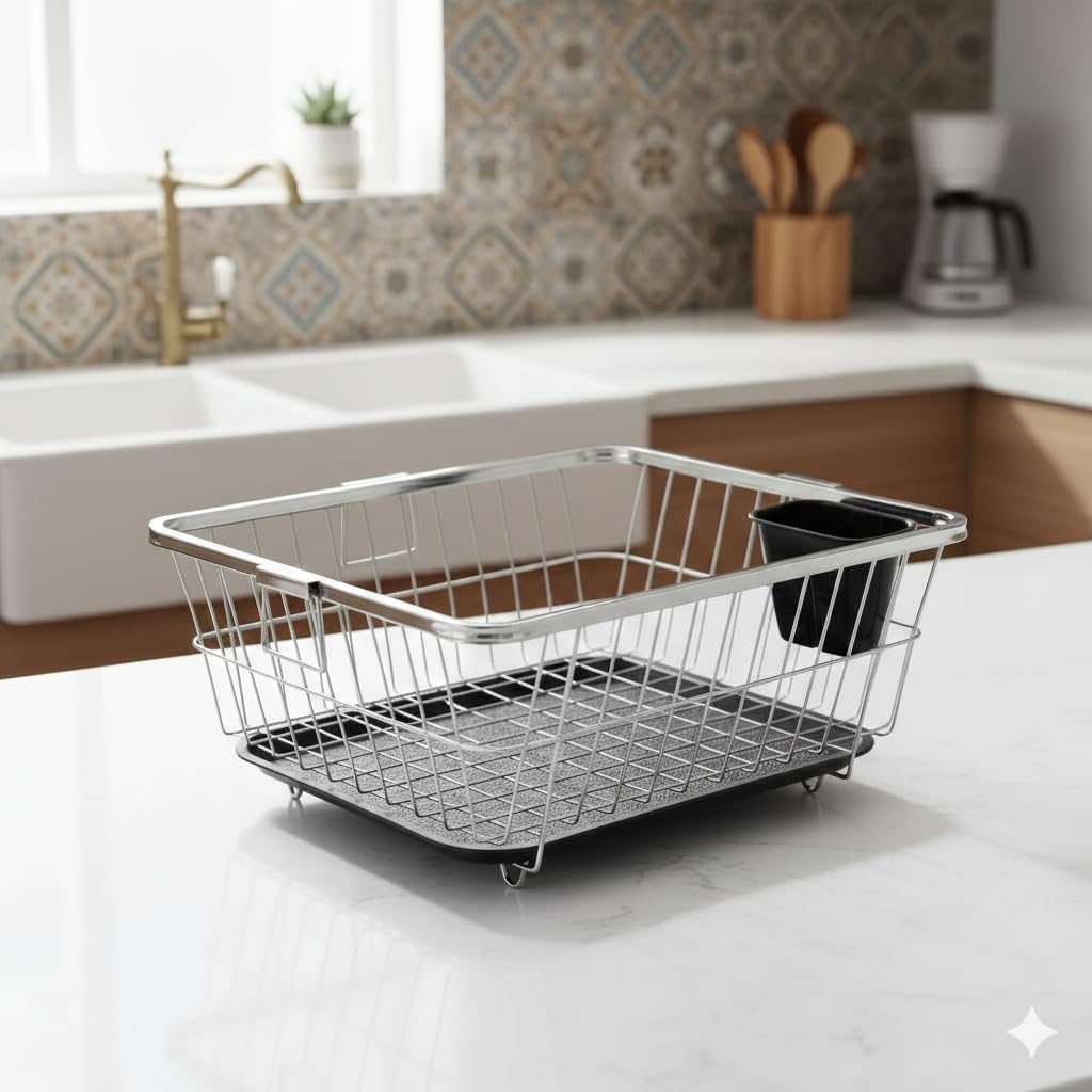 Dish Rack for Kitchen | Vessels Organizer Stands with Handle | Spoon Holder & Draining Tray | 17x22 Inch, 56x44x23 cm (silver)
