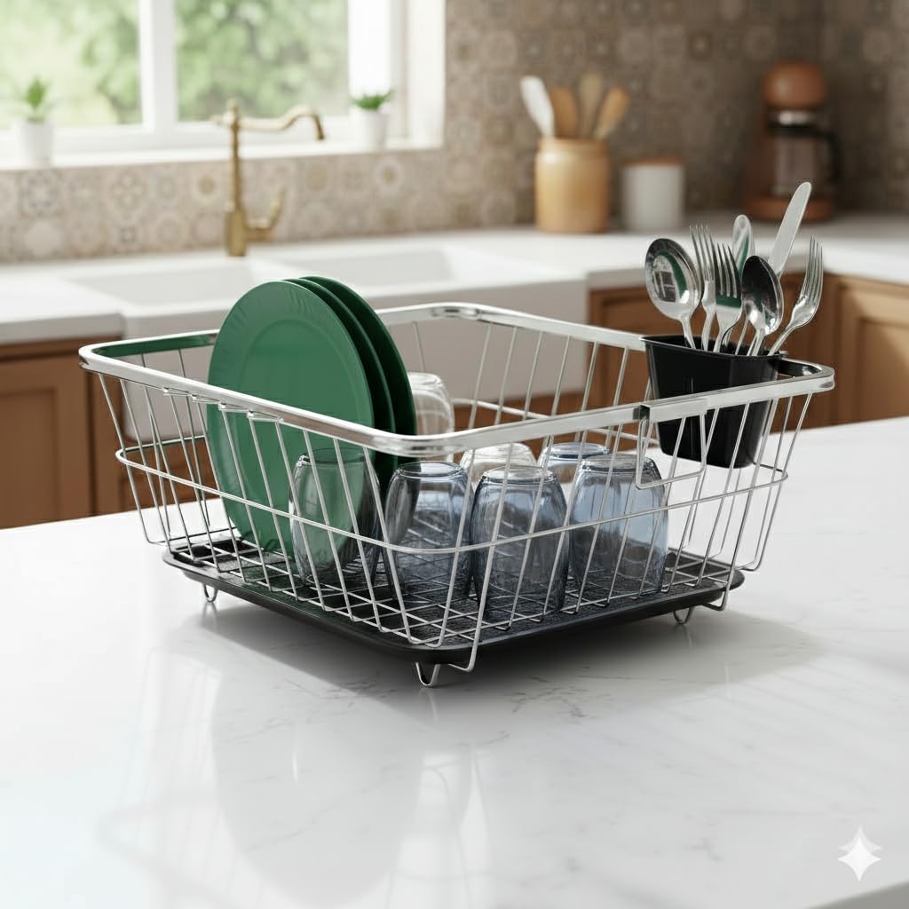 Dish Rack for Kitchen | Vessels Organizer Stands with Handle | Spoon Holder & Draining Tray | 17x22 Inch, 56x44x23 cm (silver)