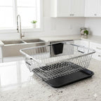 Dish Rack for Kitchen | Vessels Organizer Stands with Handle | Spoon Holder & Draining Tray | 17x22 Inch, 56x44x23 cm (silver)