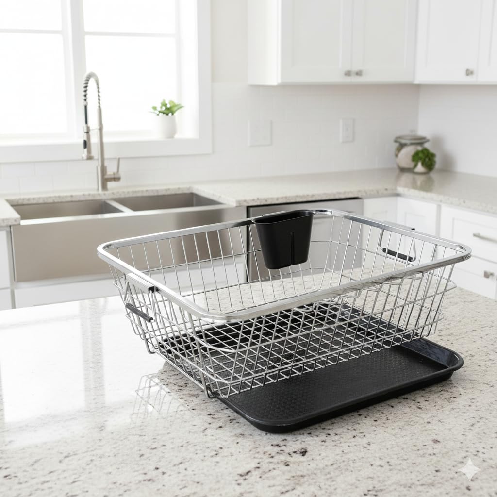 Dish Rack for Kitchen | Vessels Organizer Stands with Handle | Spoon Holder & Draining Tray | 17x22 Inch, 56x44x23 cm (silver)