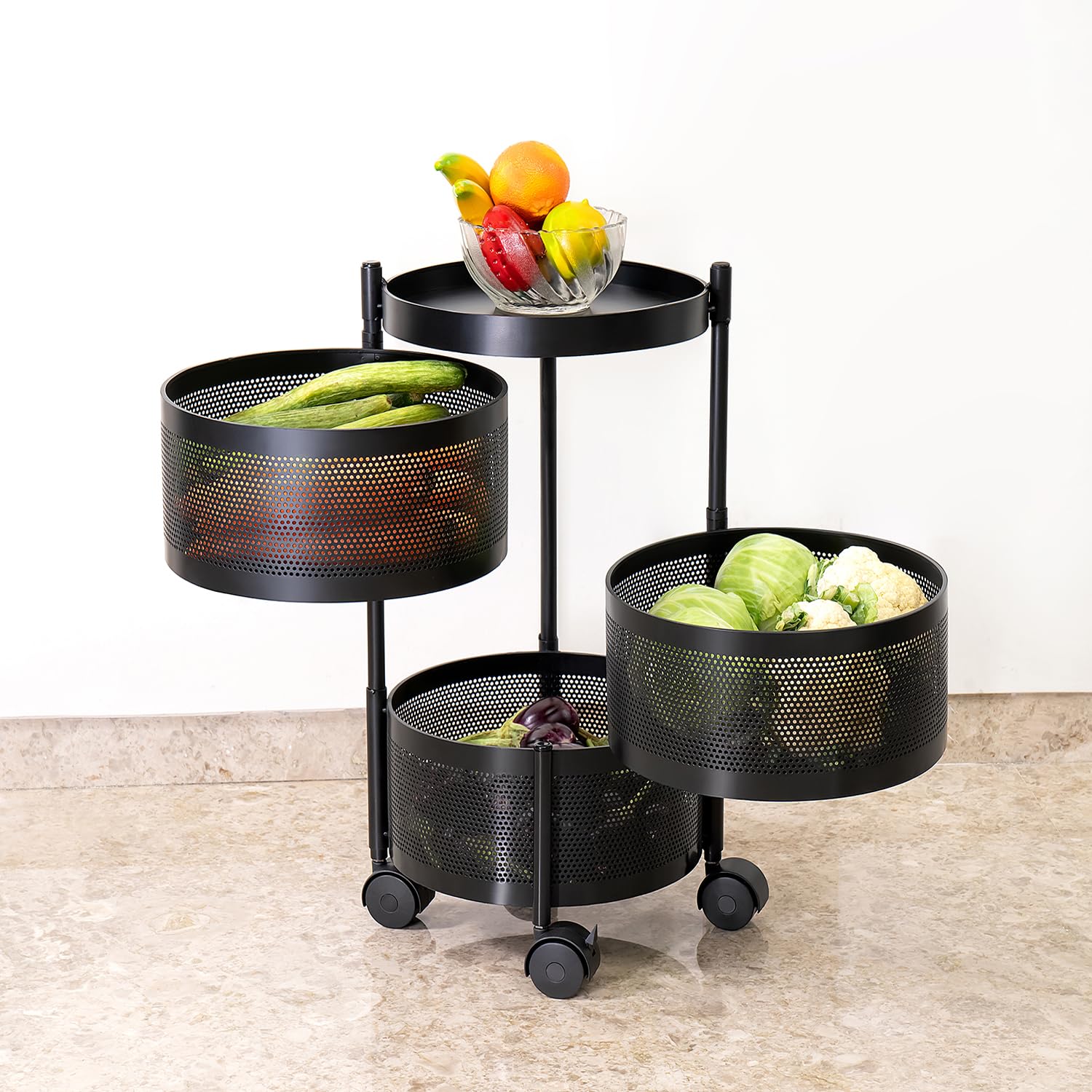 Round Multi-Purpose Rotatable Trolley Storage Organizer Kitchen Storage Rack (Matt Black, Round - 3 Layer)