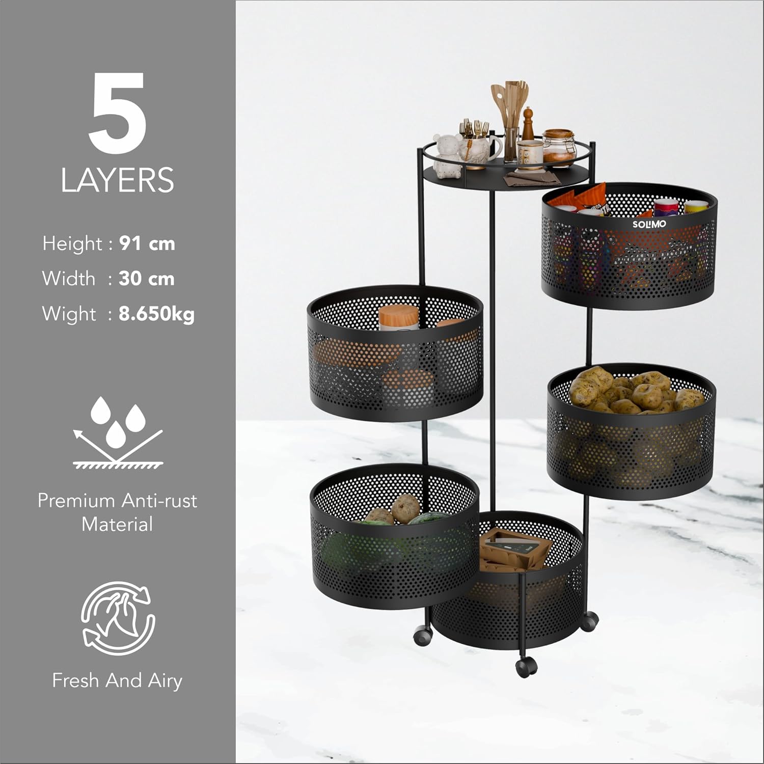 360° Revolving Preassembled Portable 5 Layer Round Multipurpose Storage Kitchen Rack (Black)