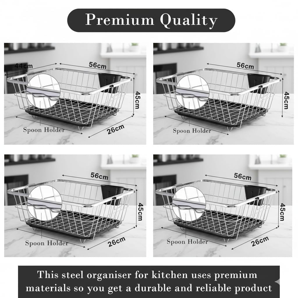 Dish Rack for Kitchen | Vessels Organizer Stands with Handle | Spoon Holder & Draining Tray | 17x22 Inch, 56x44x23 cm (silver)
