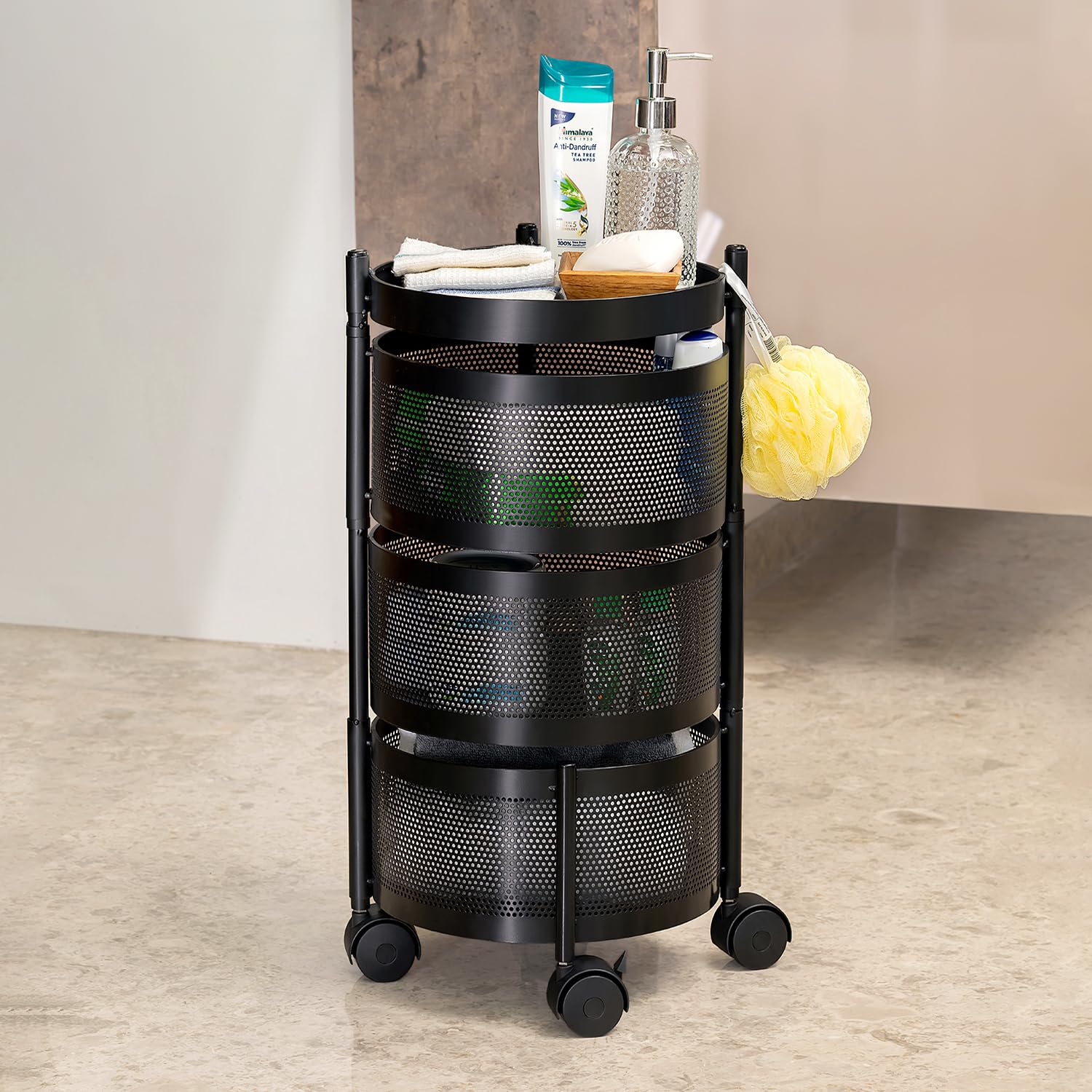 Round Multi-Purpose Rotatable Trolley Storage Organizer Kitchen Storage Rack (Matt Black, Round - 3 Layer)