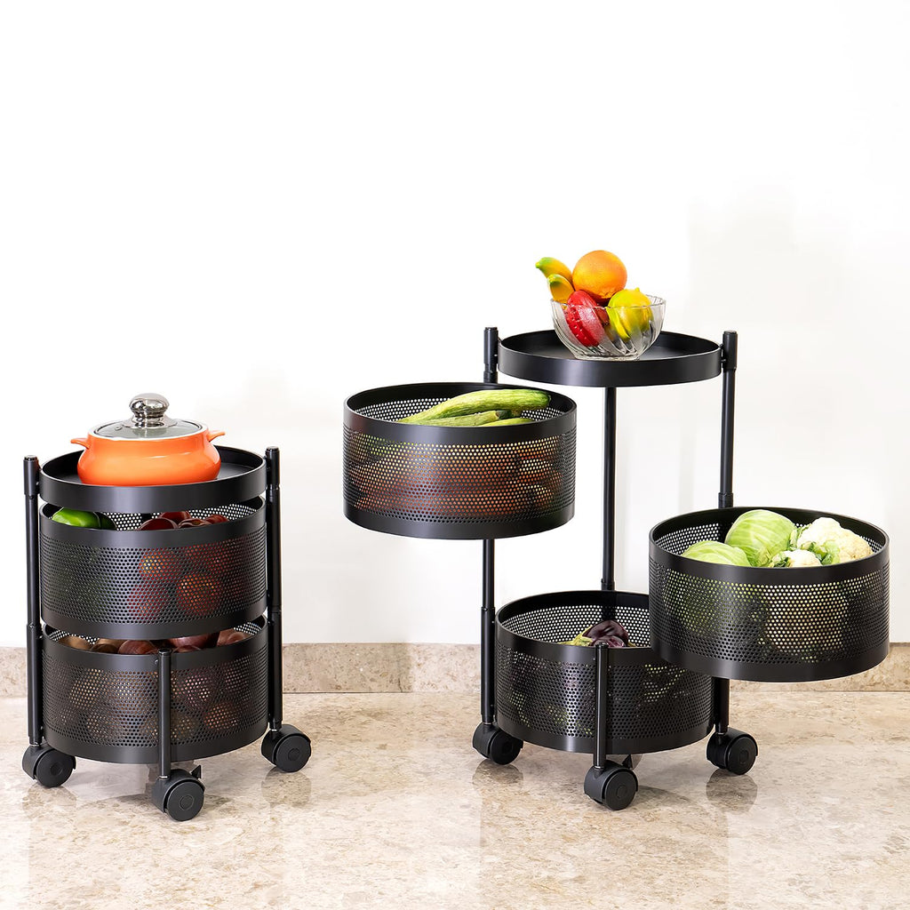 Round Multi-Purpose Rotatable Trolley Storage Organizer Kitchen Storage Rack (Matt Black, Round - 3 Layer)