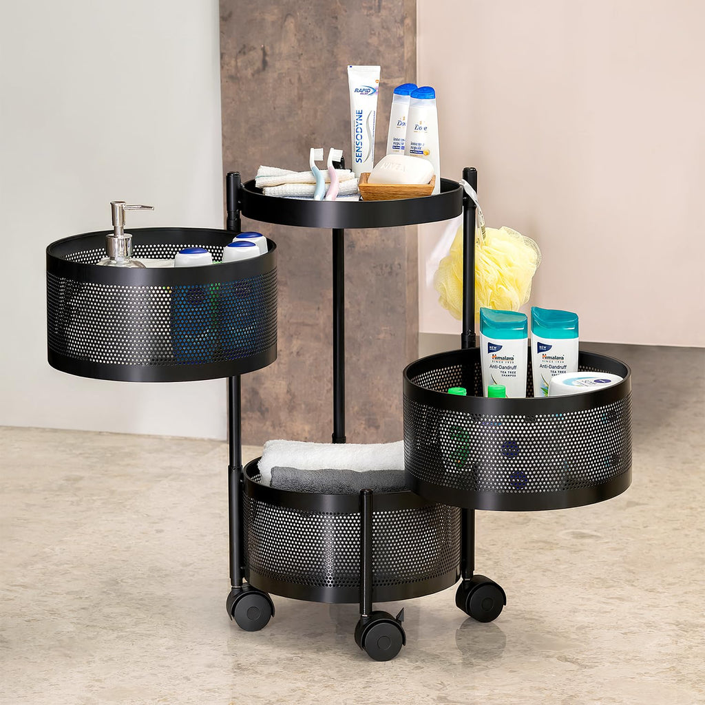 Round Multi-Purpose Rotatable Trolley Storage Organizer Kitchen Storage Rack (Matt Black, Round - 3 Layer)