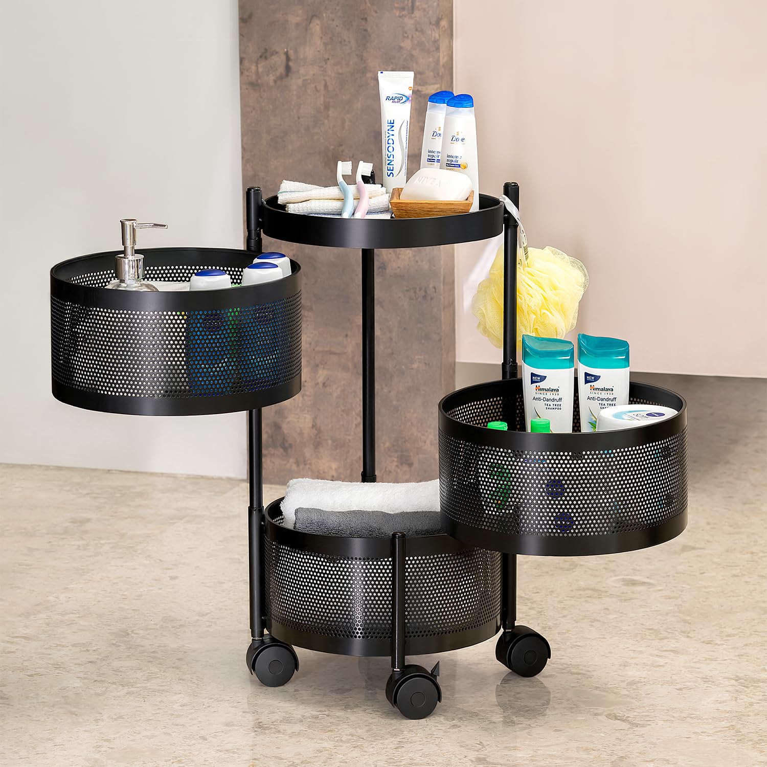 Round Multi-Purpose Rotatable Trolley Storage Organizer Kitchen Storage Rack (Matt Black, Round - 3 Layer)