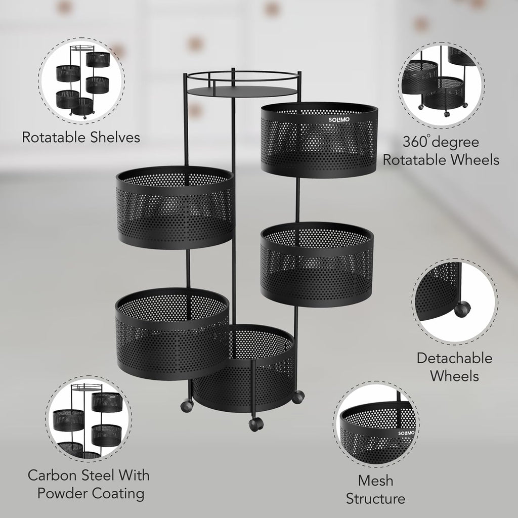 360° Revolving Preassembled Portable 5 Layer Round Multipurpose Storage Kitchen Rack (Black)