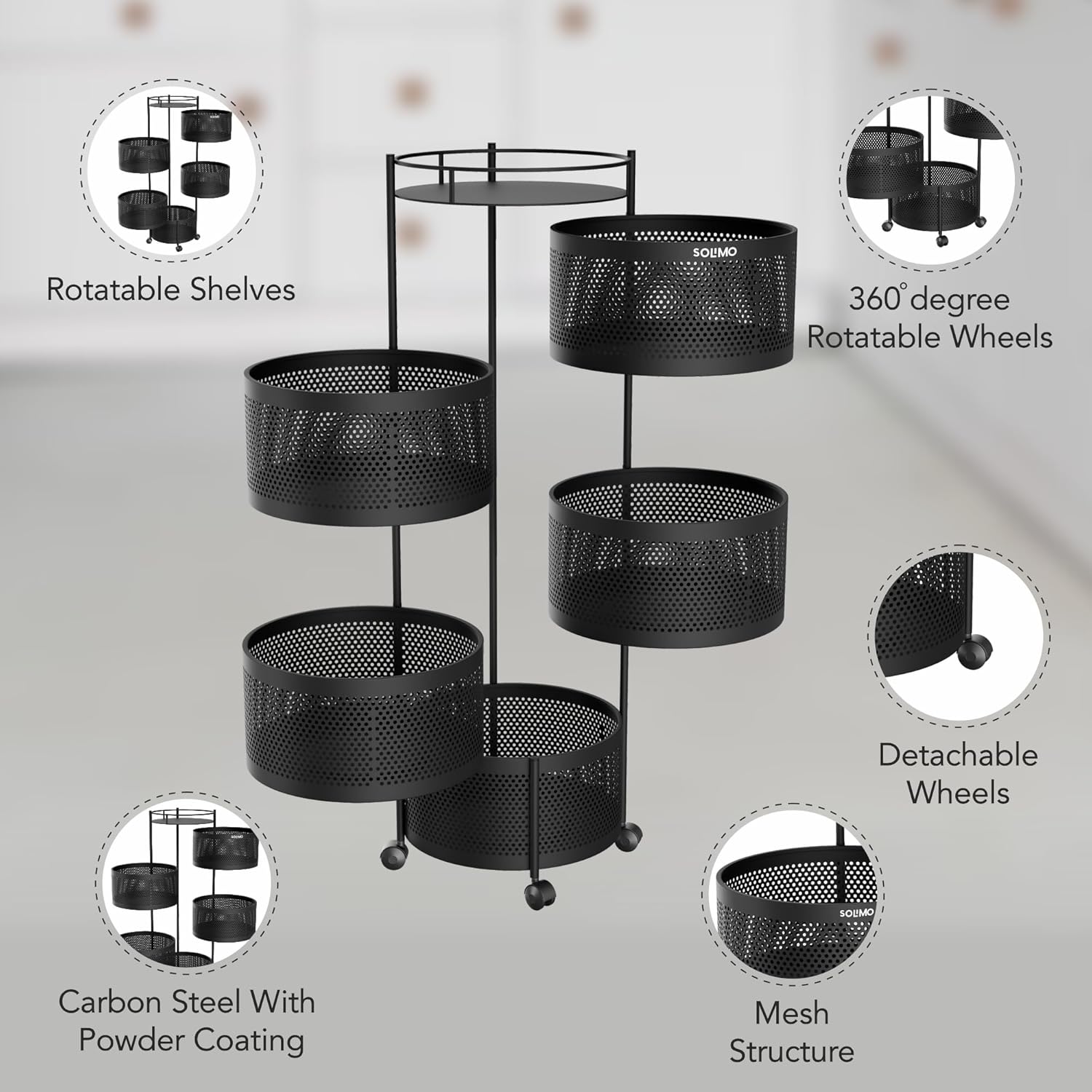 360° Revolving Preassembled Portable 5 Layer Round Multipurpose Storage Kitchen Rack (Black)