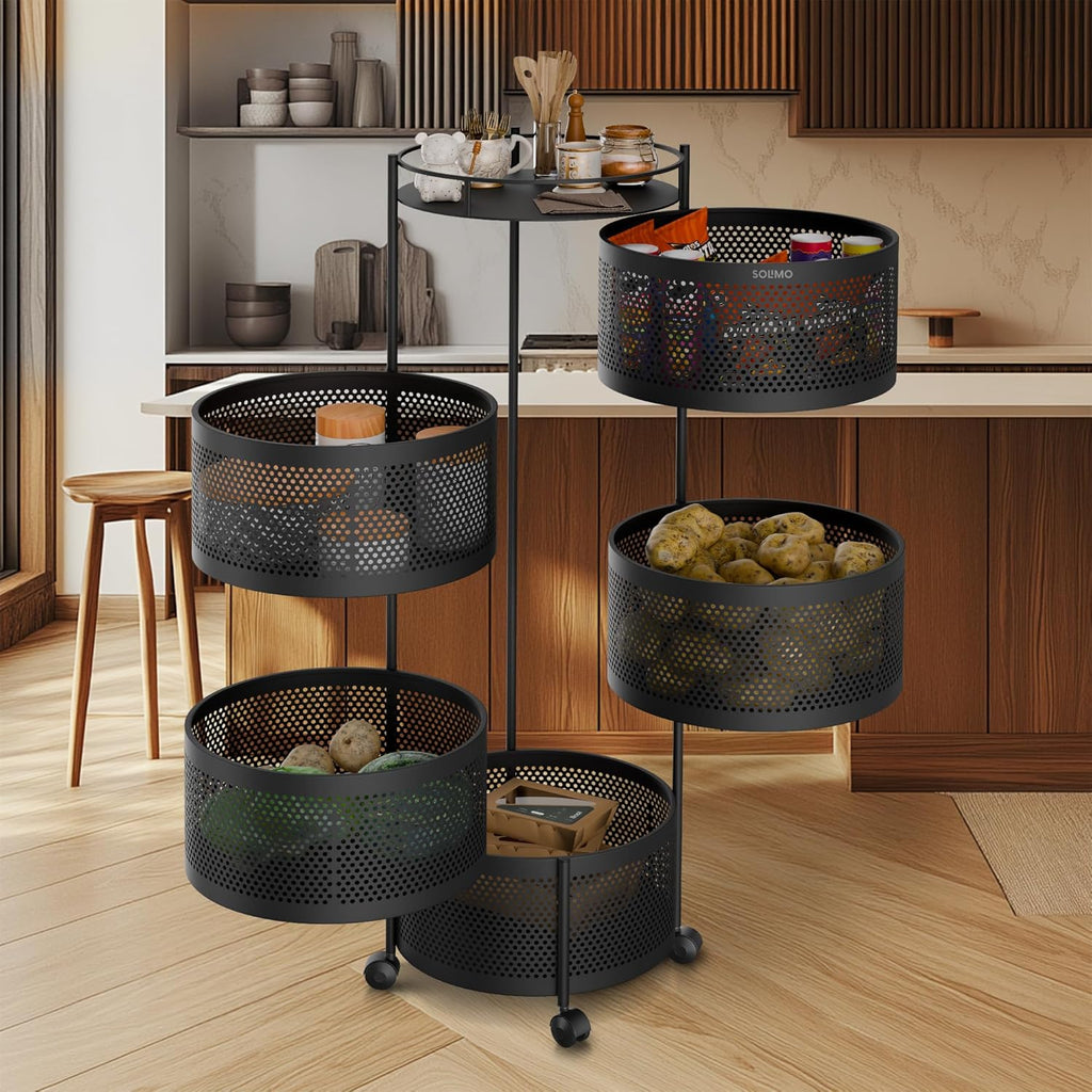 360° Revolving Preassembled Portable 5 Layer Round Multipurpose Storage Kitchen Rack (Black)