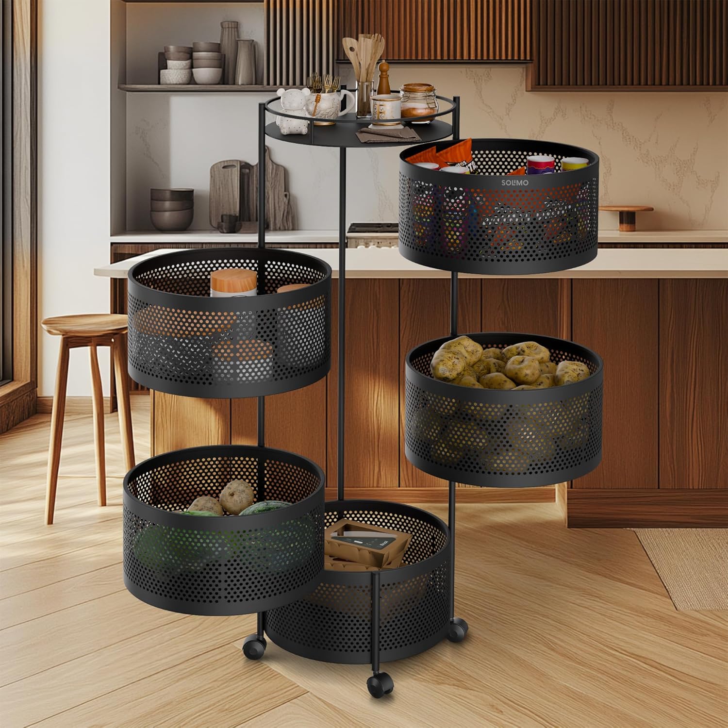 360° Revolving Preassembled Portable 5 Layer Round Multipurpose Storage Kitchen Rack (Black)