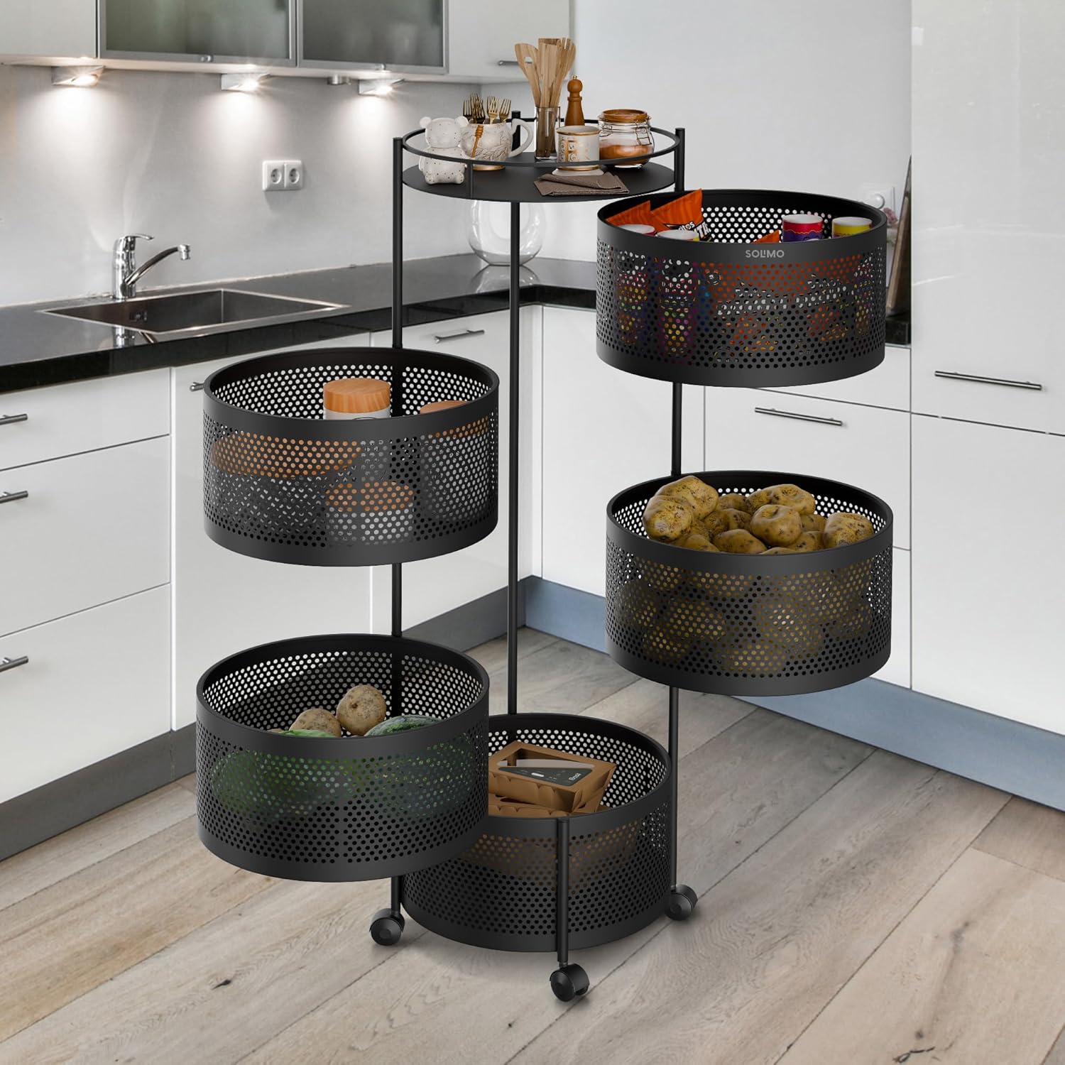 360° Revolving Preassembled Portable 5 Layer Round Multipurpose Storage Kitchen Rack (Black)