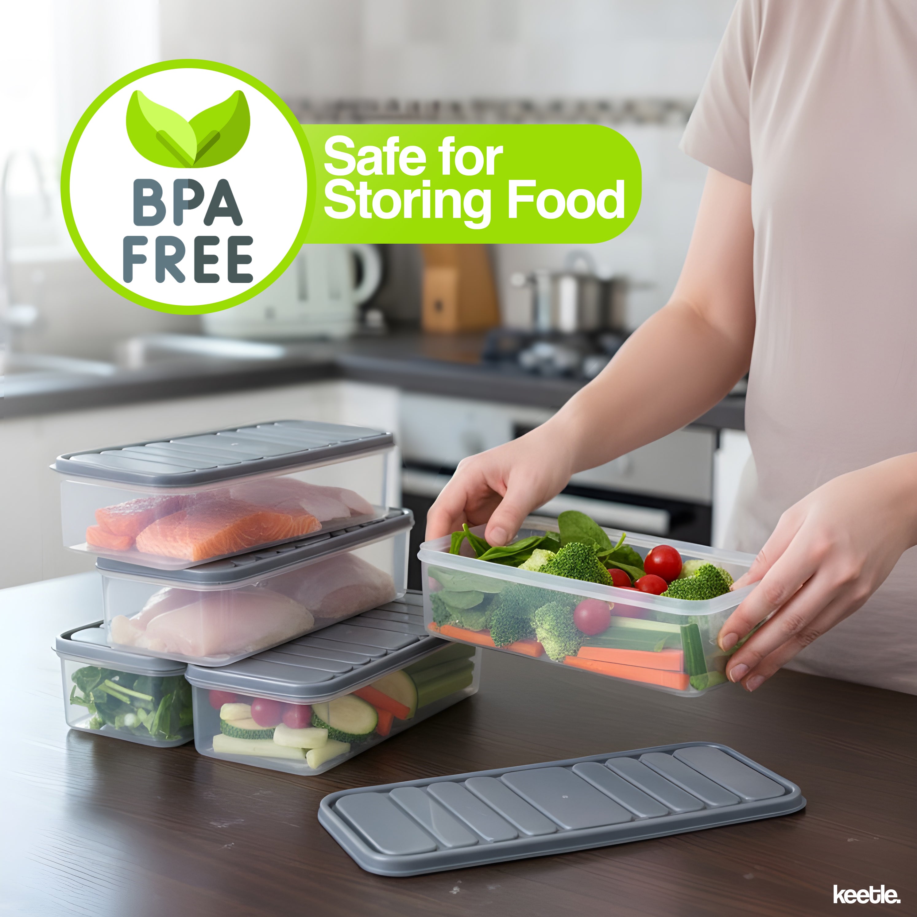 Pack of 6 Fridge Storage Containers BPA-Free Airtight Box, Stackable Plastic Pantry Organizer for Kitchen - Keeps Fruits & Vegetables Fresh